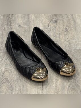 Tory Burch Kaitlin Quilted Black Leather Ballet Flats with Gold Toe Hardware